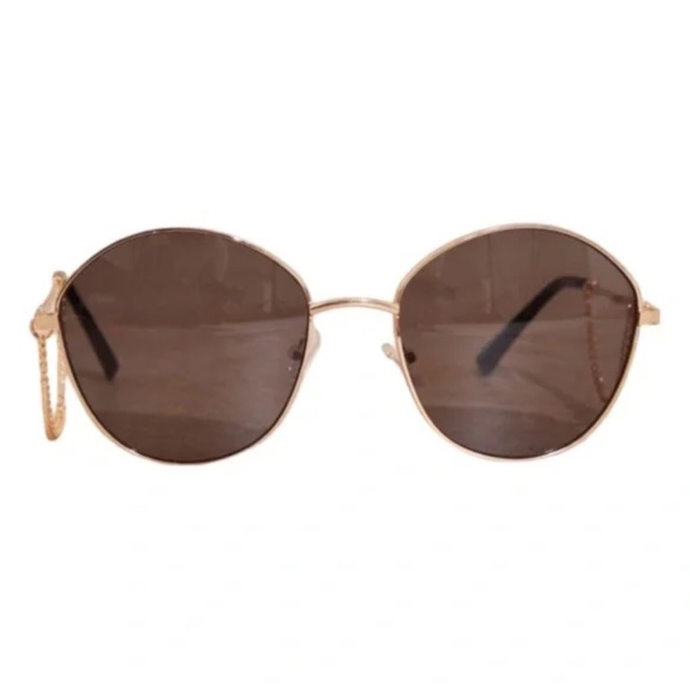 1194 NWT PrettyLittleThing Round Frame Sunglasses Dangle Chain – One Size – Gold - Picture 4 of 9